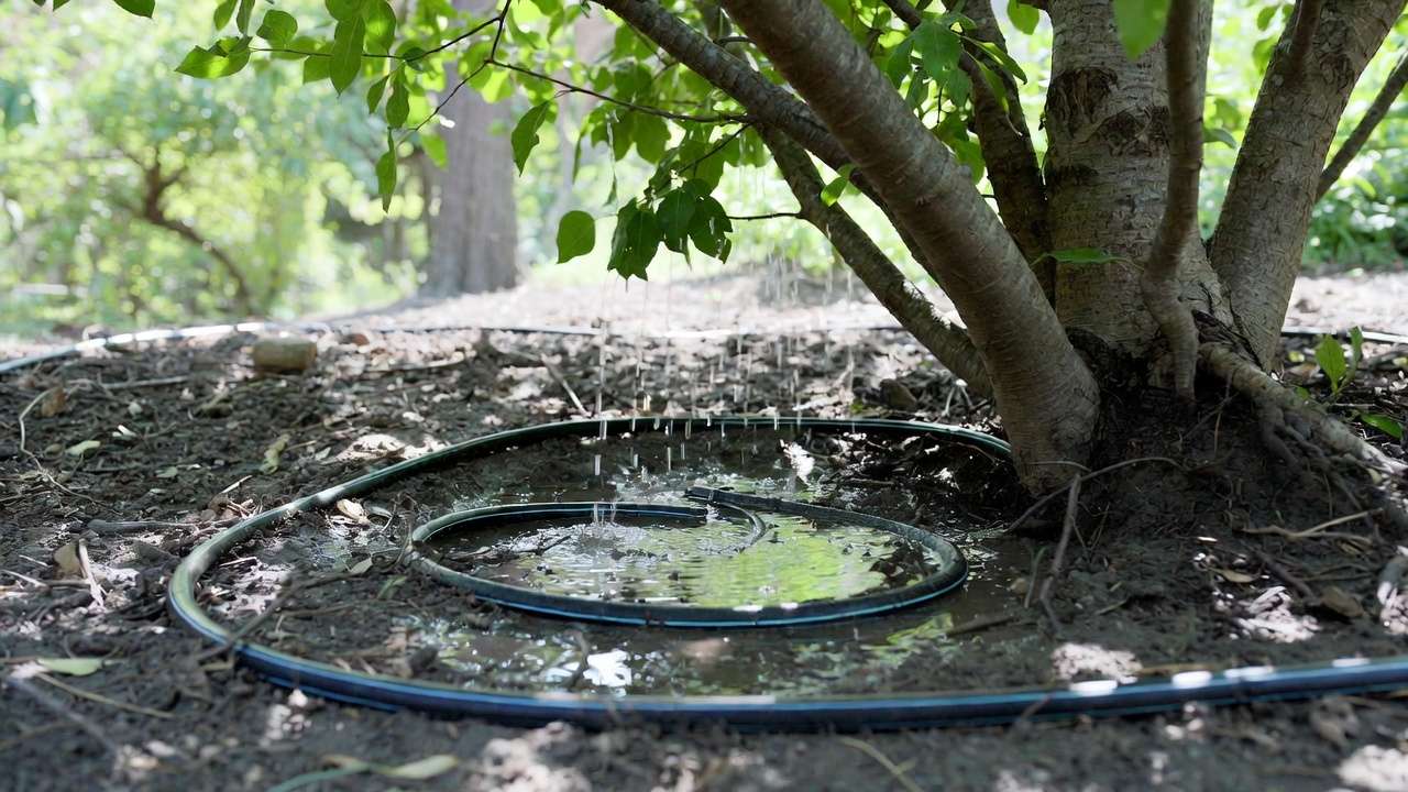 Close-up of soaker hose deep root watering around tree drip line with moist soil