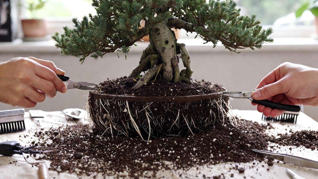 Repotting Colorado blue spruce bonsai tree with free-draining soil mix