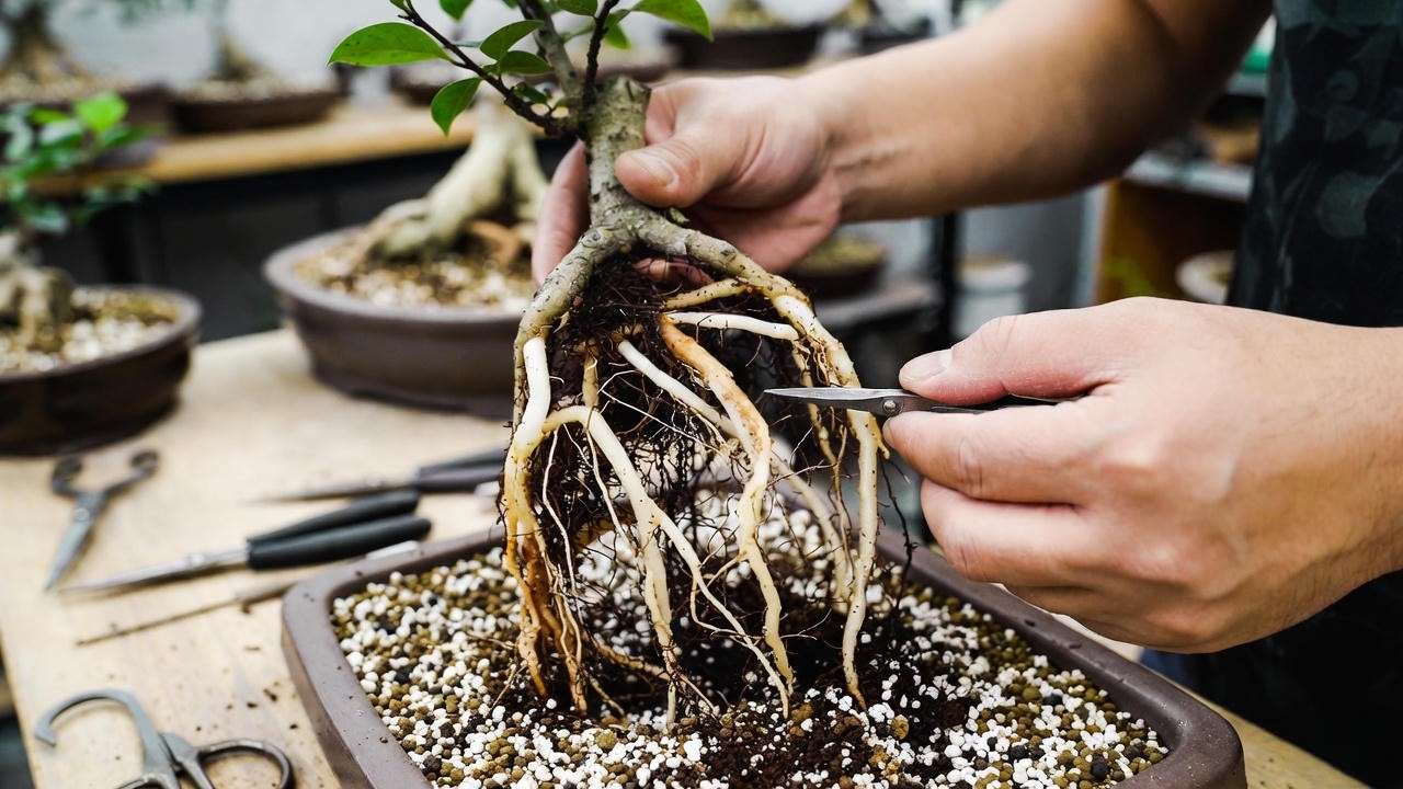 Step-by-step repotting process of Carmona microphylla bonsai showing root pruning and soil replacement