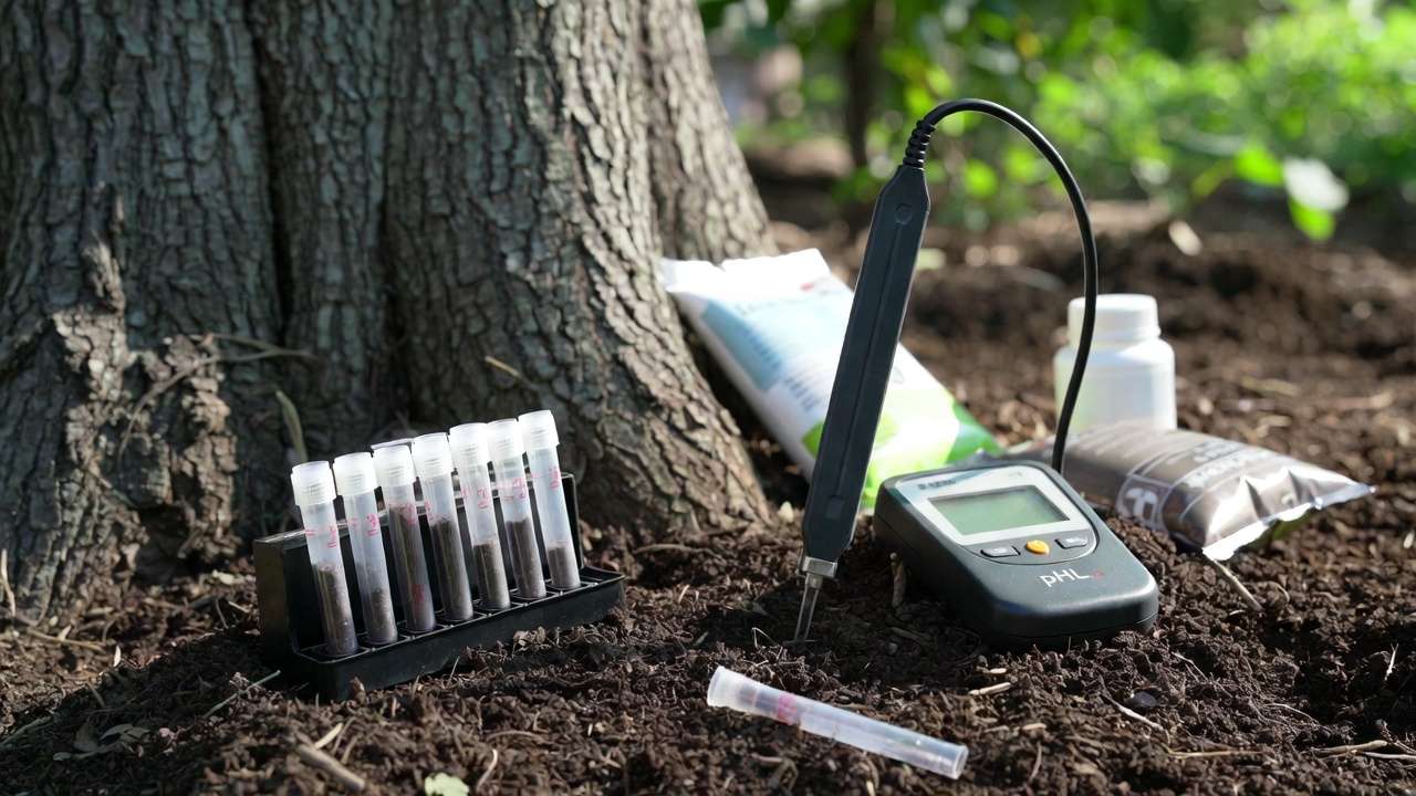 Soil testing kit and tools next to mature tree for accurate nutrient analysis before fertilizing