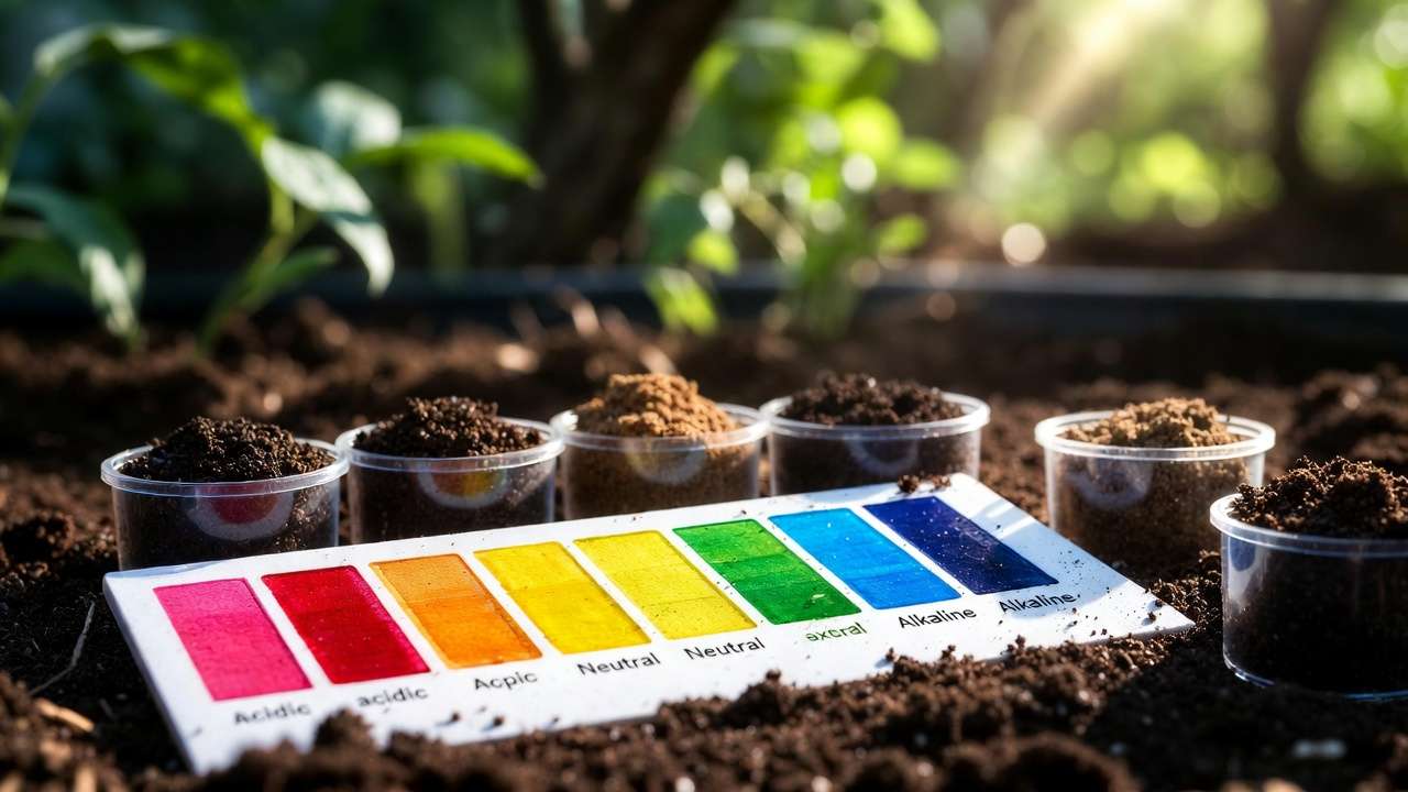 Soil pH color chart for tree growth testing showing acidic to alkaline indicators.