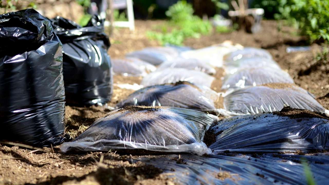 Solarizing old potting soil in black plastic bags under sun for safe pathogen removal