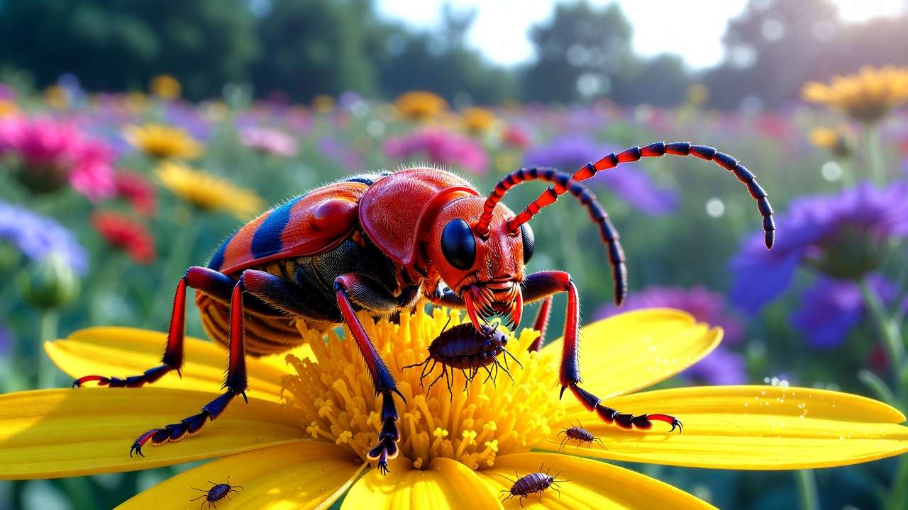 Soldier beetle eating aphid on flower while pollinating in beneficial garden