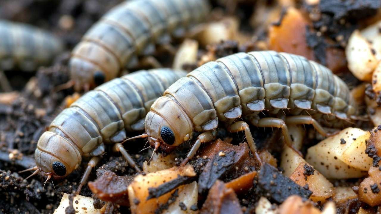 Black soldier fly larvae actively decomposing food scraps in compost
