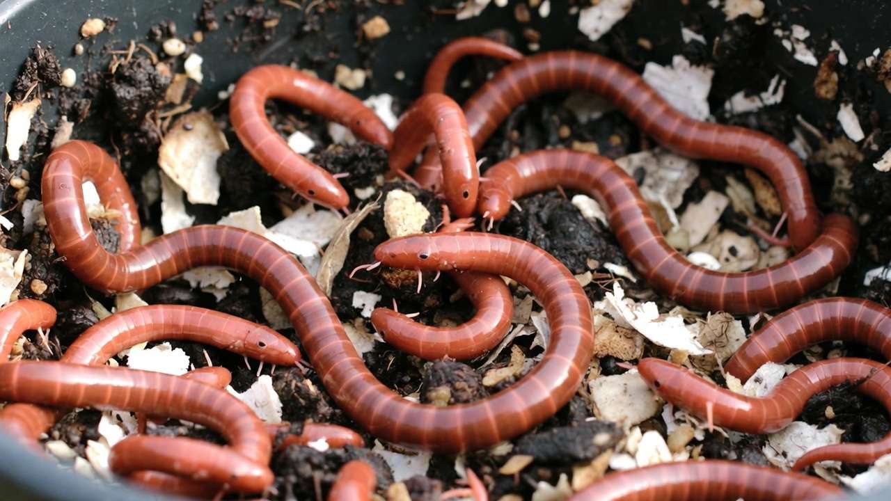 Close-up of red wiggler worms in moist bedding for indoor worm farm