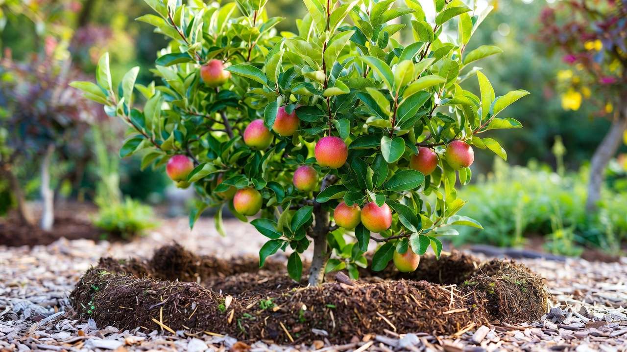 Mature fruit tree with ripe apples and organic fertilizer applied around trunk for better yield and health