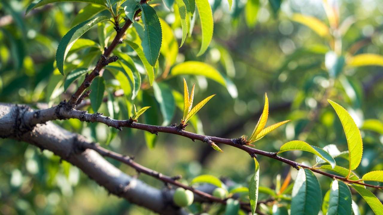 Peach tree branch with properly trained new growth and developing fruit after water sprout management