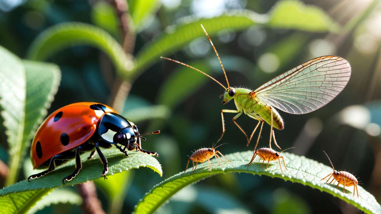 Close-up of ladybugs, lacewings, and predatory mites controlling garden pests naturally on leaves