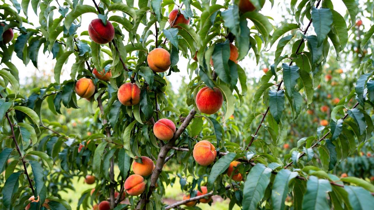 Properly spaced open center peach tree with ideal fruiting branch placement for better airflow and larger peach harvests