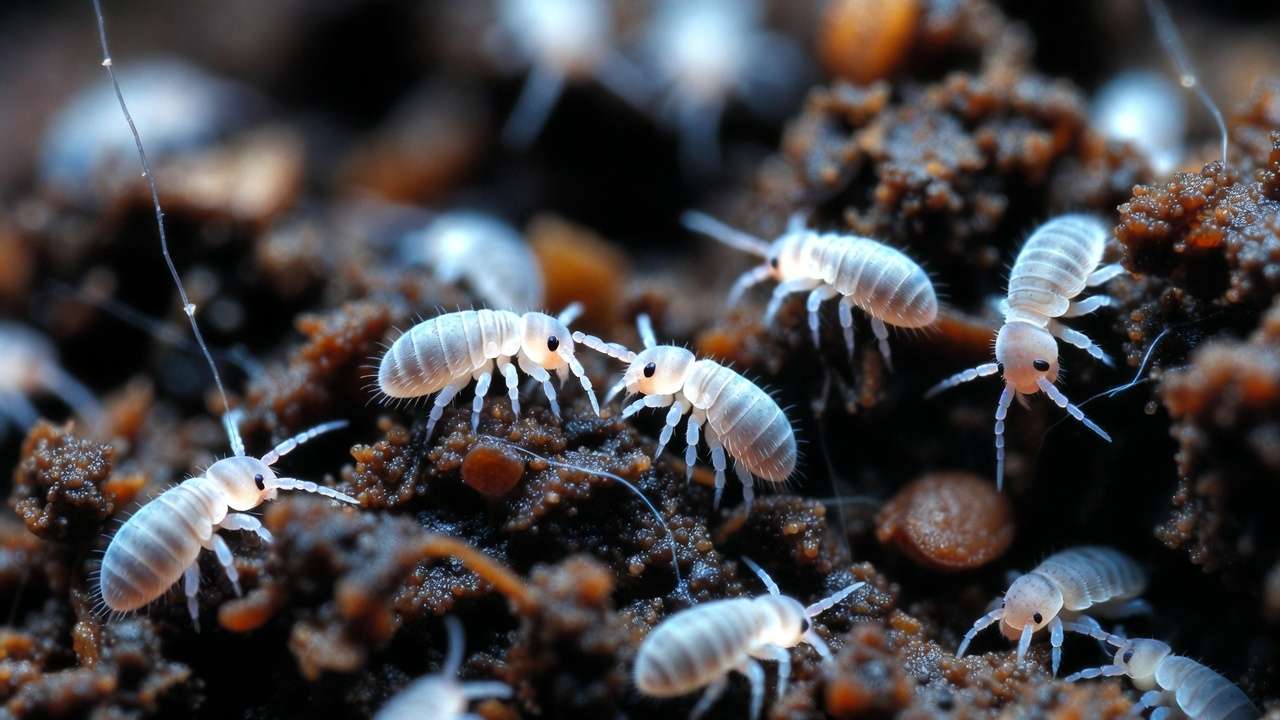 Tiny beneficial springtails and mites on moist compost surface
