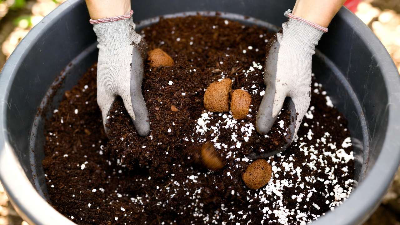 Hands mixing finished compost into homemade potting soil with perlite and coir for container plants