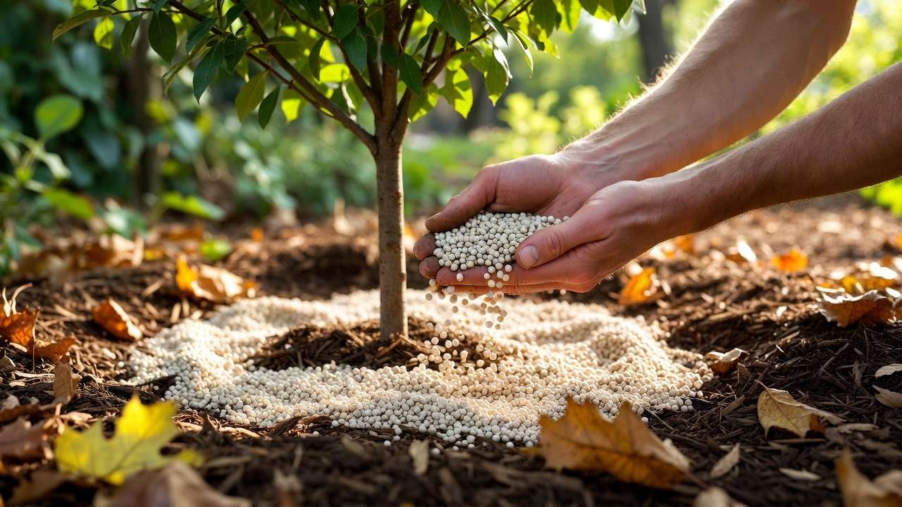 Step-by-step process of applying fertilizer granules around tree base for optimal results