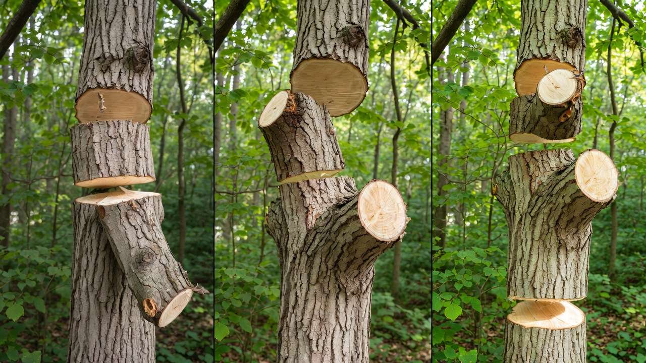 Three-step pruning method illustration showing safe removal of a large branch with 45-degree final cut