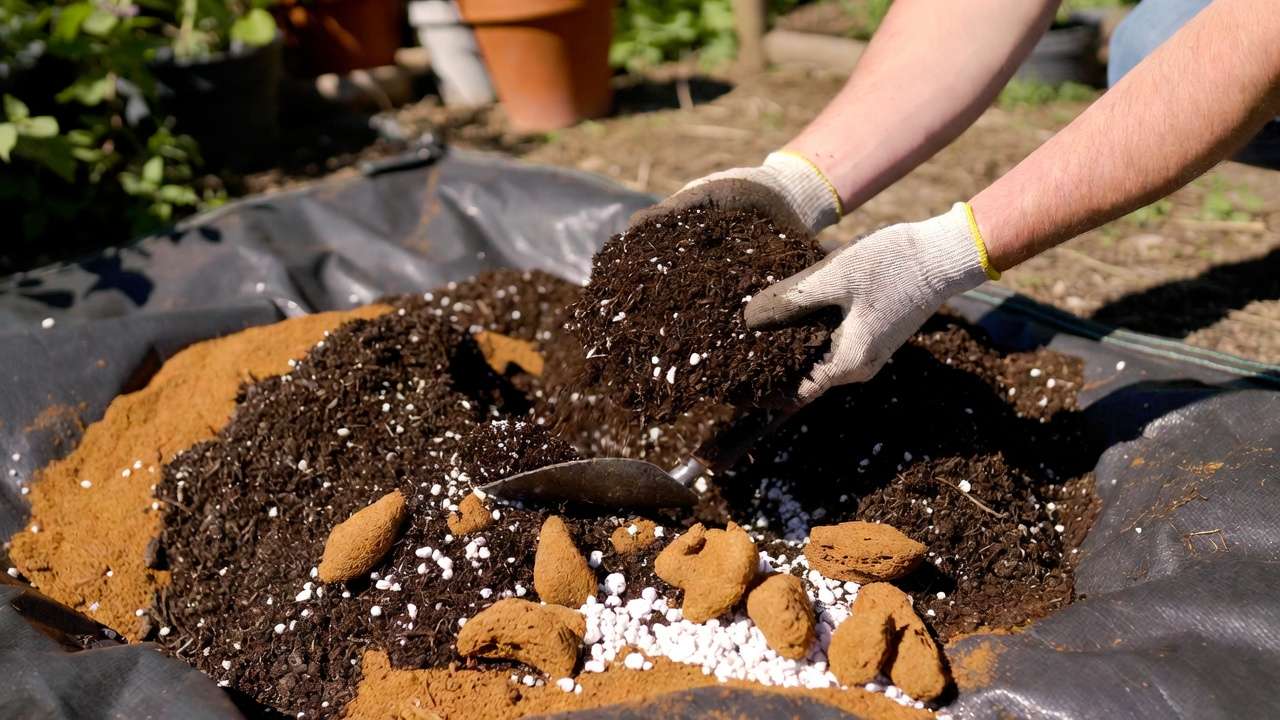 Step-by-step hands mixing compost into homemade potting soil on tarp