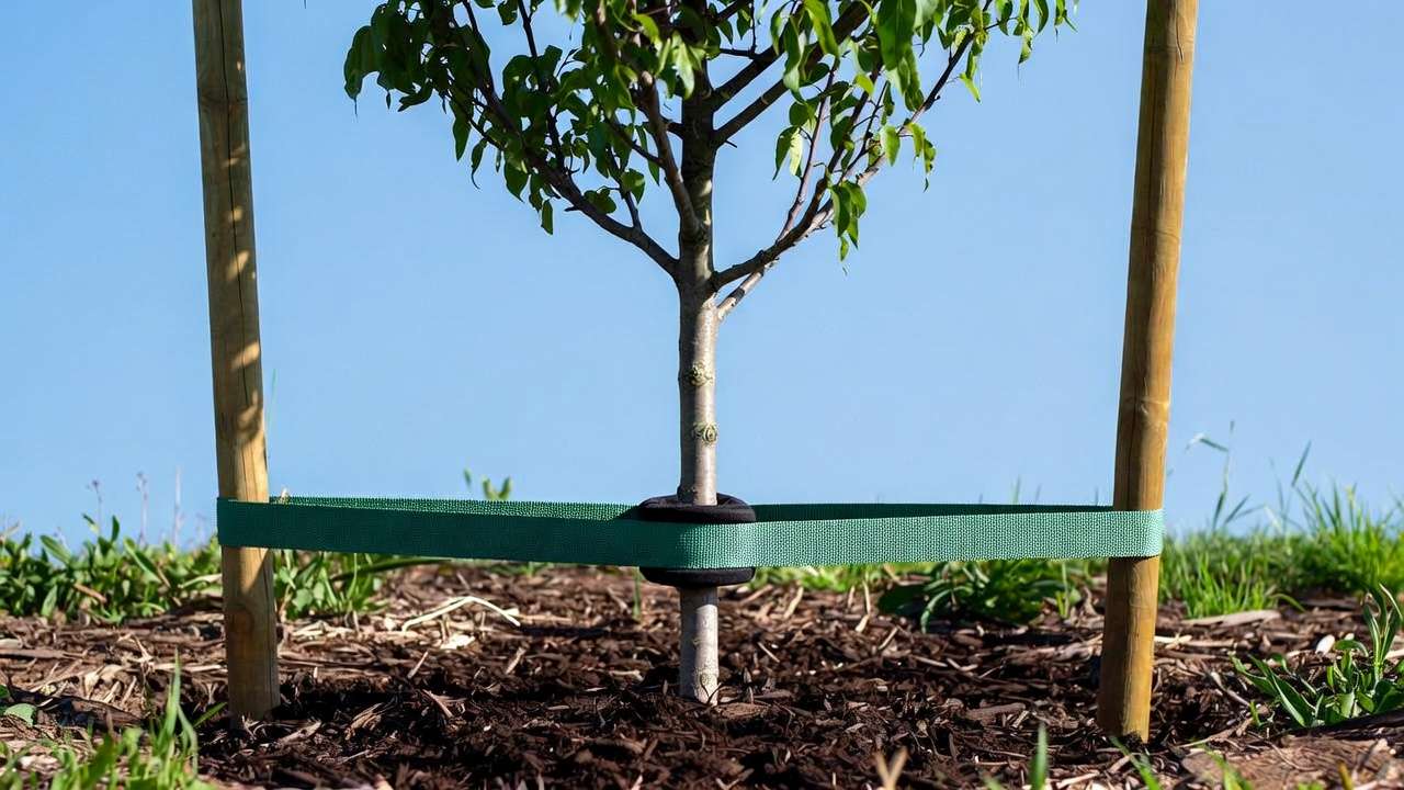 Young tree properly staked with double wooden stakes and flexible straps for support during establishment