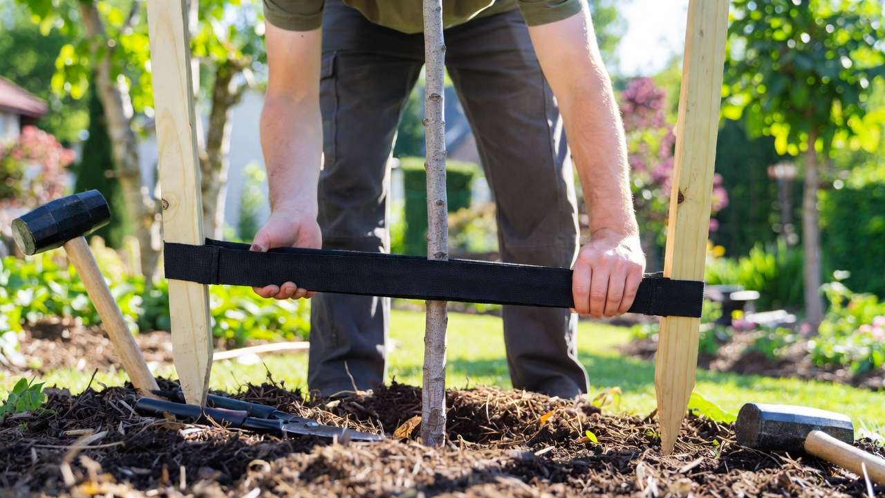 Gardener demonstrating correct way to attach flexible ties when staking a newly planted tree