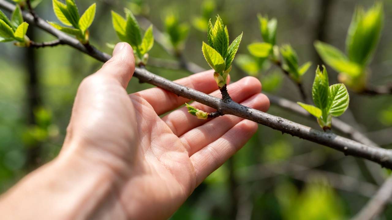 Hand removing a young water sprout from fruit tree branch by pinchin