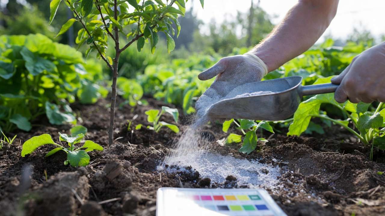 Gardener applying wood ash to adjust soil pH in vegetable garden bed
