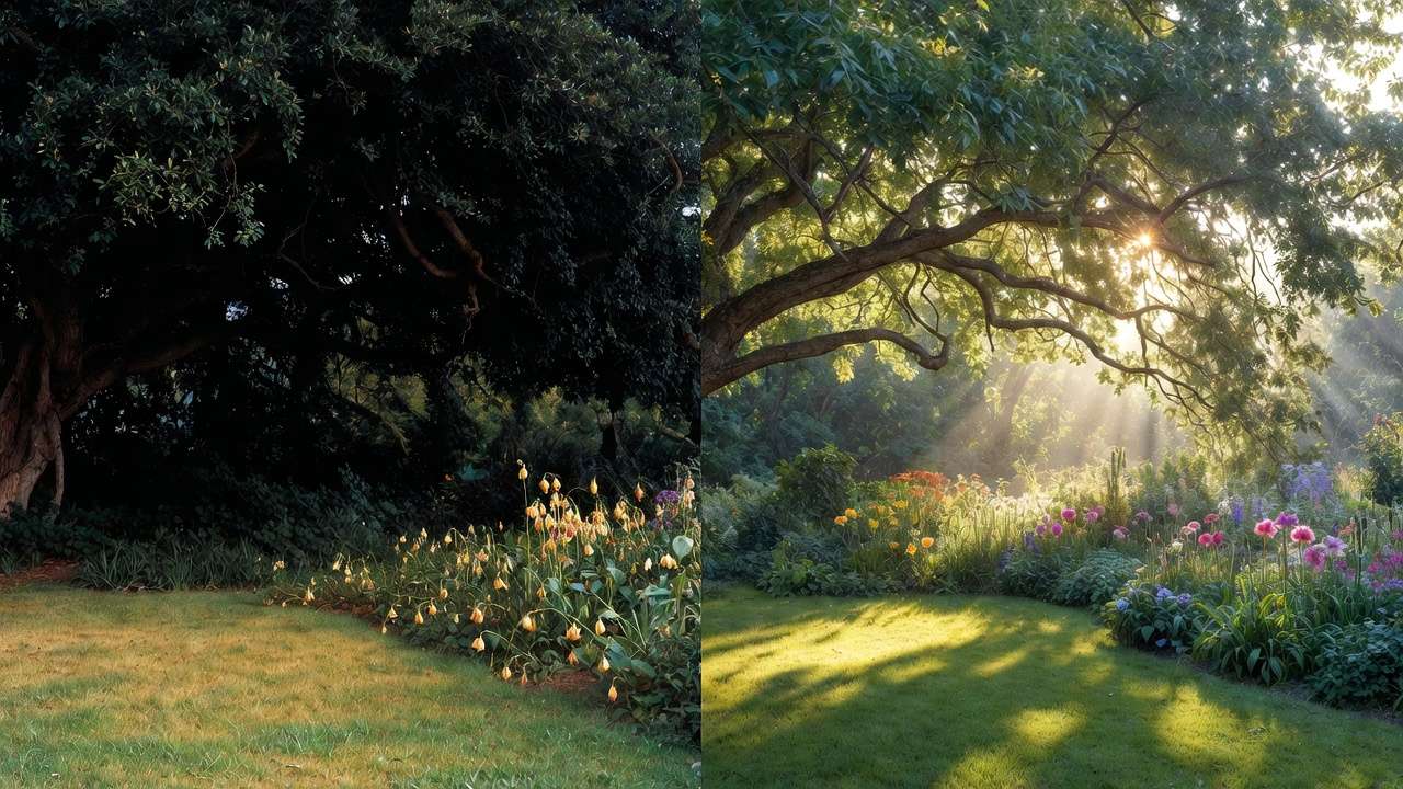 Before and after tree canopy thinning showing increased dappled sunlight in garden