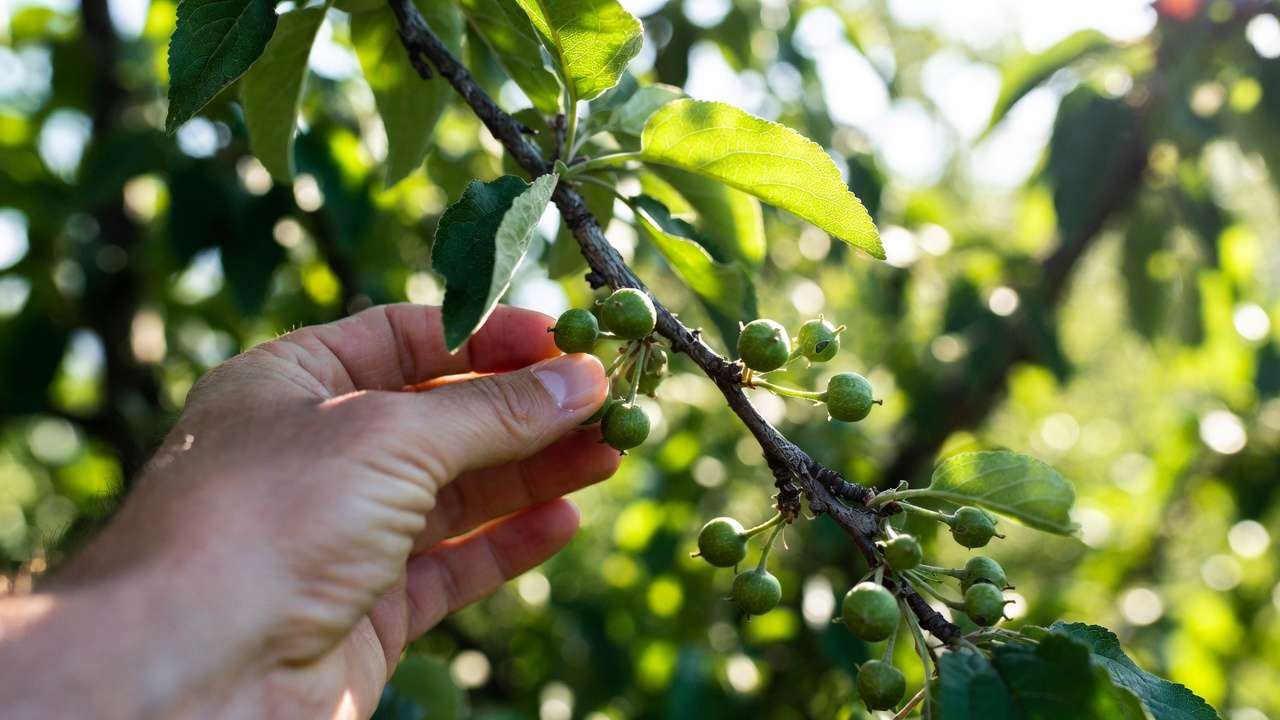Close-up of hand thinning young apple fruitlets on branch at optimal size for larger harvest