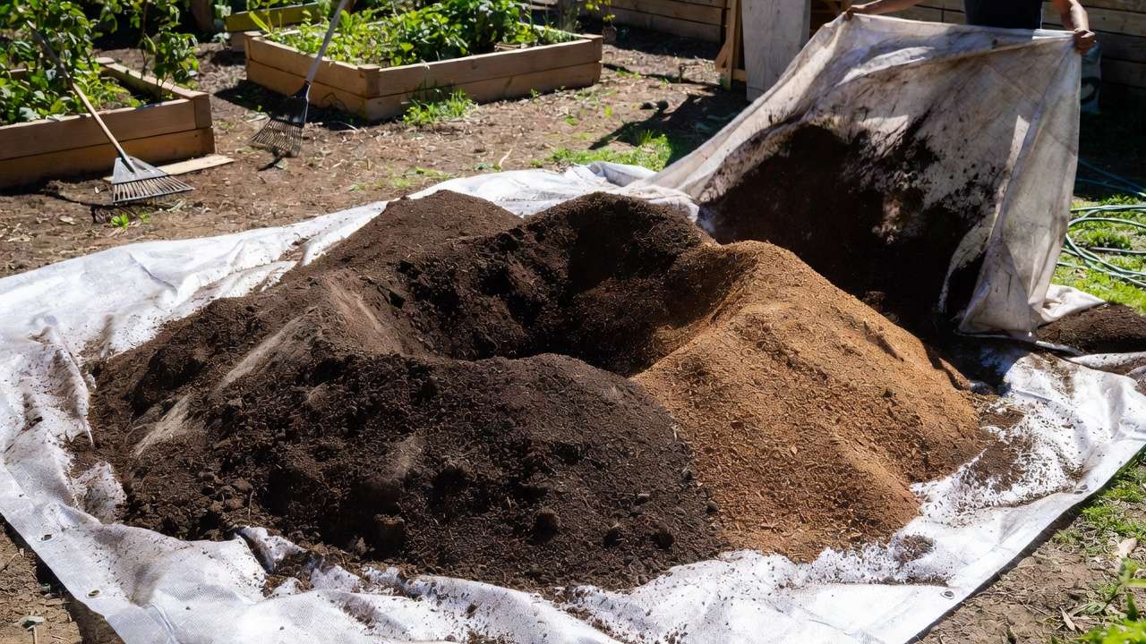 Tarp method for hands-on batch mixing soil in large gardens step by step