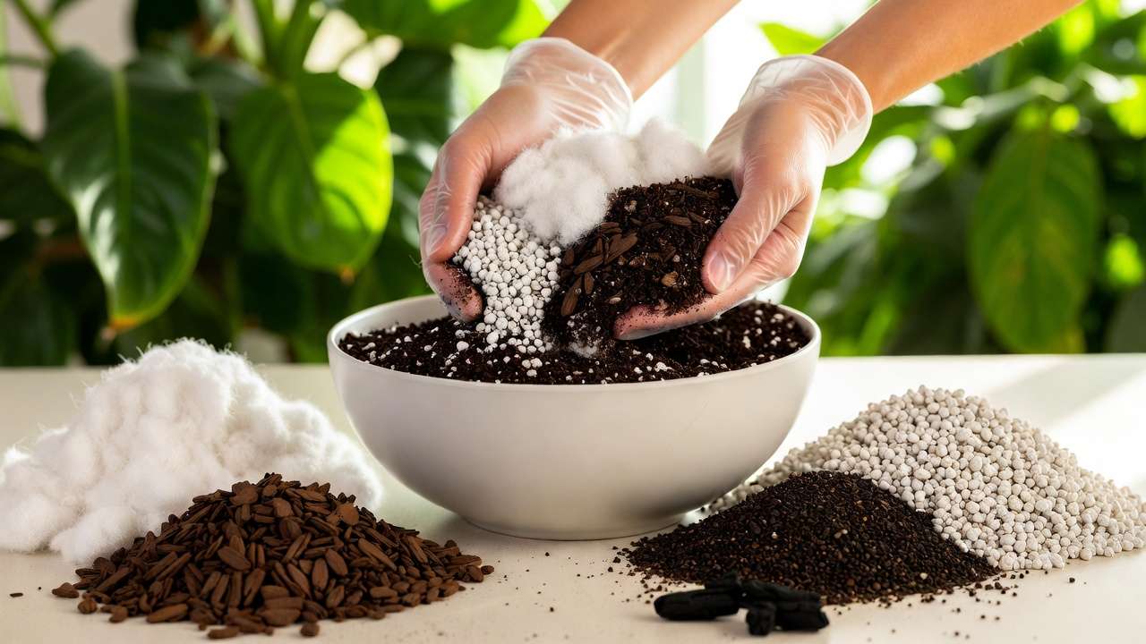 Hands mixing DIY customized houseplant soil mix with coco coir, perlite, orchid bark, and worm castings.