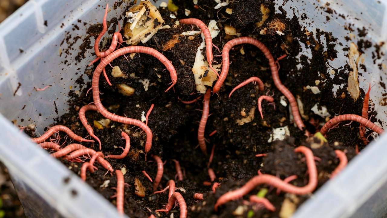 Red wiggler worms thriving in moist bedding inside a DIY vermicompost bin
