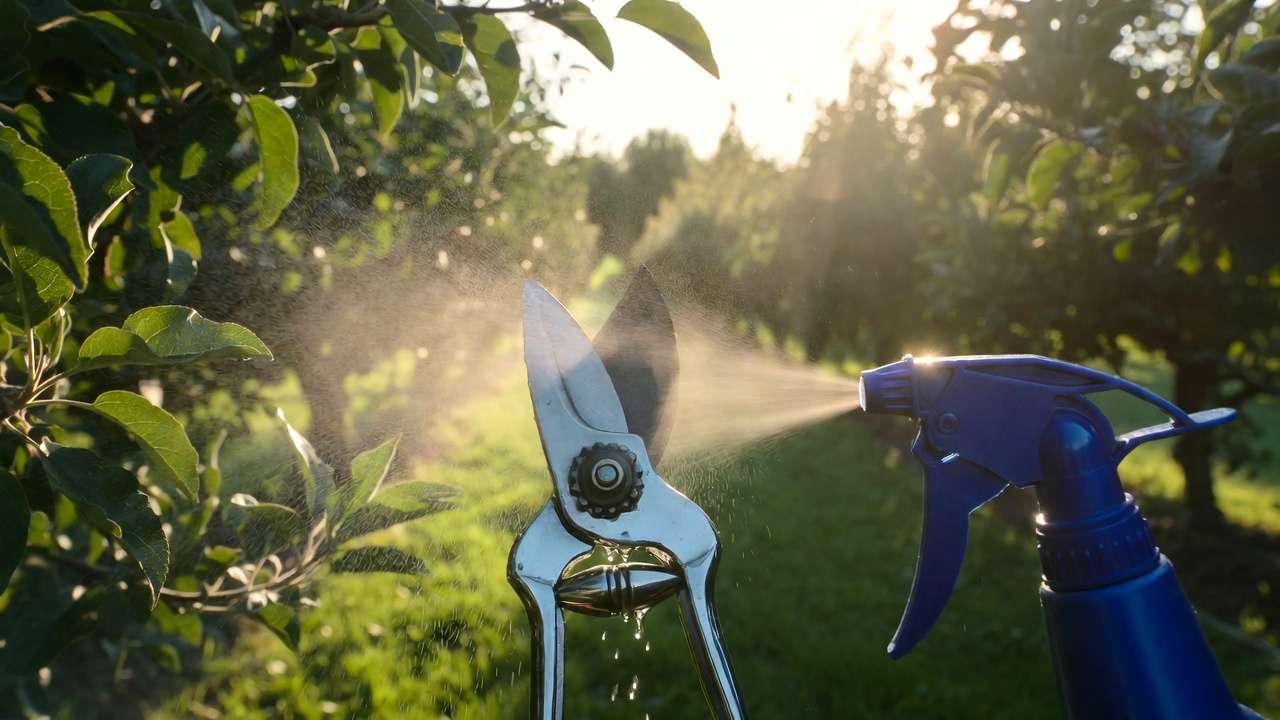 Close-up of disinfecting pruning shears with alcohol spray in fruit tree orchard