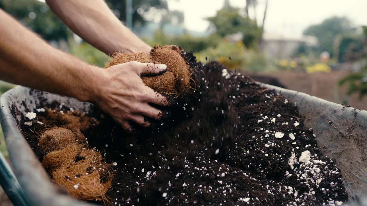Hands mixing custom soil blend with coir, compost, and vermiculite for improved water retention in plants.