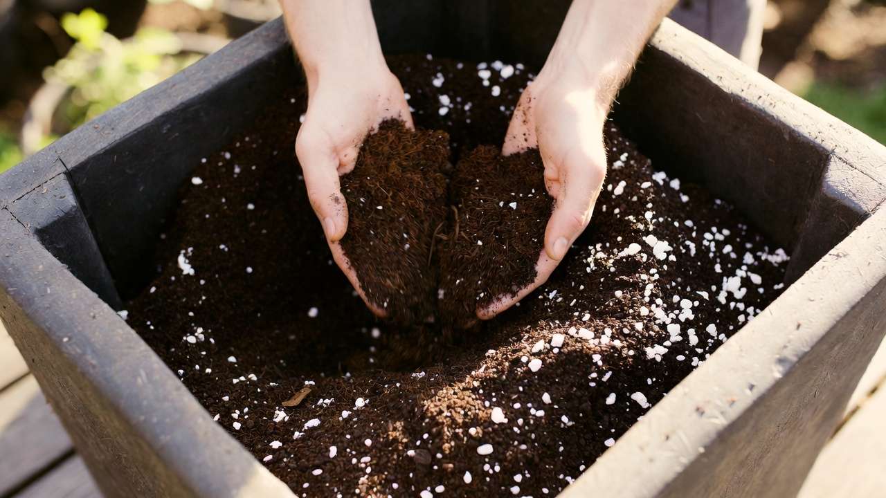 Step-by-step hands mixing aerated DIY potting soil with coco coir, compost, and perlite for healthy plant roots