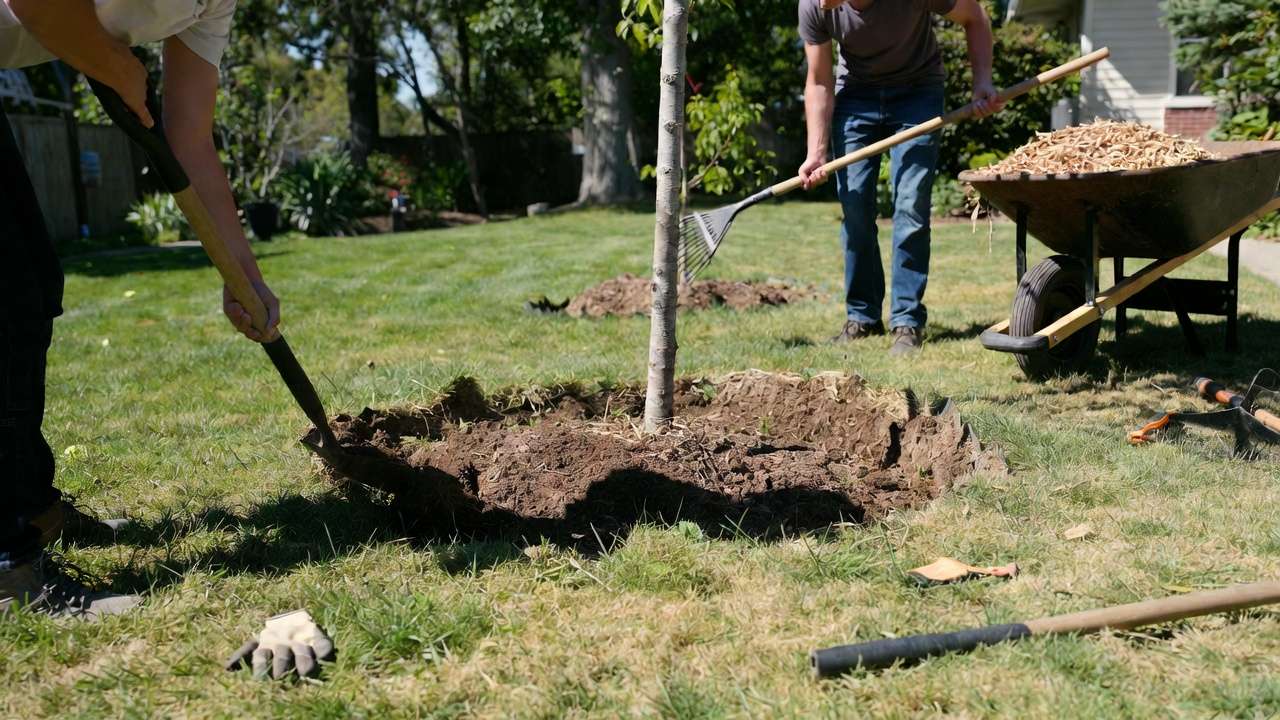 Tools and preparation for installing a tree mulch ring including shovel rake and wood chips in lawn