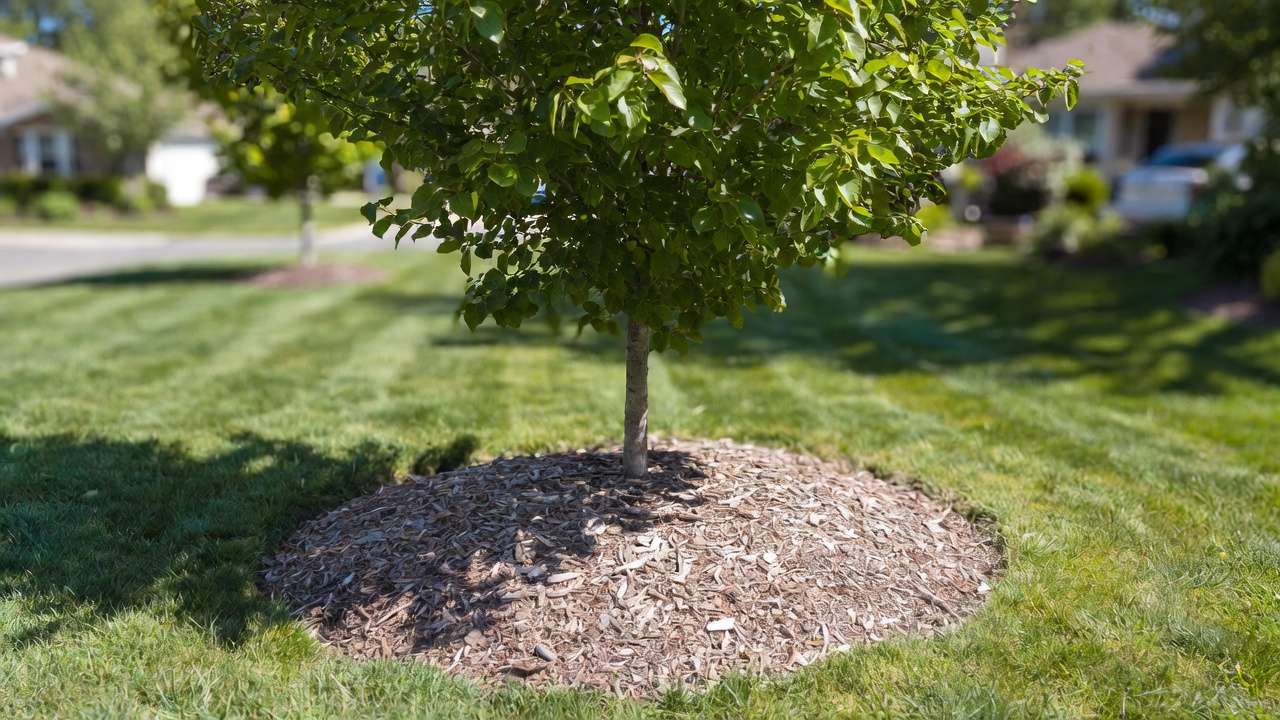 Young tree with properly applied wide mulch ring in lawn showing donut shape and trunk clearance for optimal growth