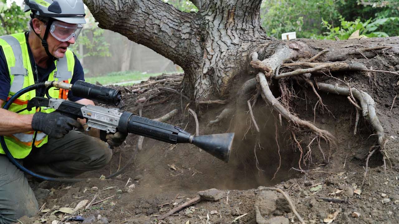 Certified arborist using air spade to safely expose and inspect girdling roots at tree base during professional diagnosis.