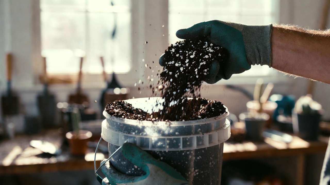Hands mixing DIY cactus and succulent soil blend with perlite and pumice in bucket for fast-draining potting mix