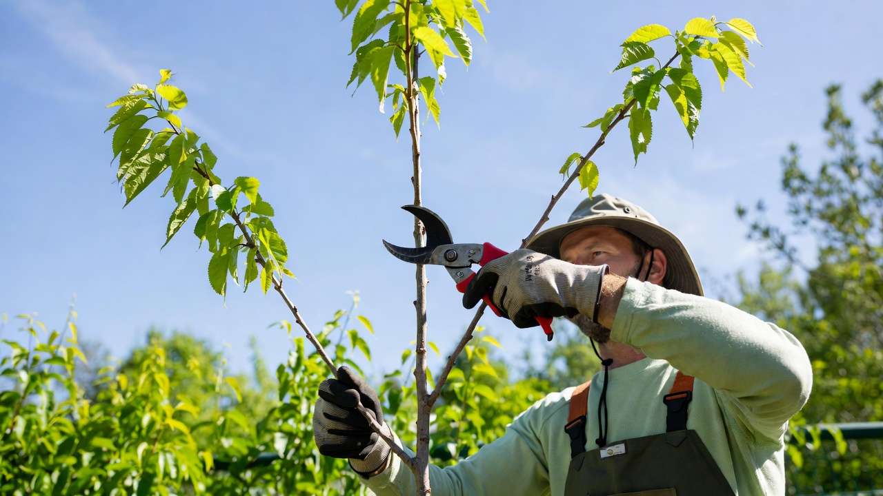 Gardener demonstrating structural pruning on a young tree to build strong central leader and branch spacing