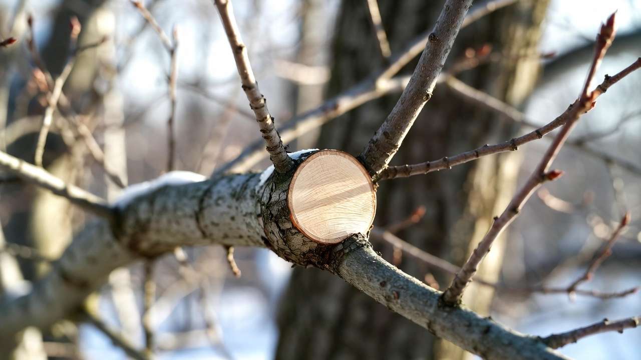 Close-up of correct branch collar pruning cut on tree in dormant seaso
