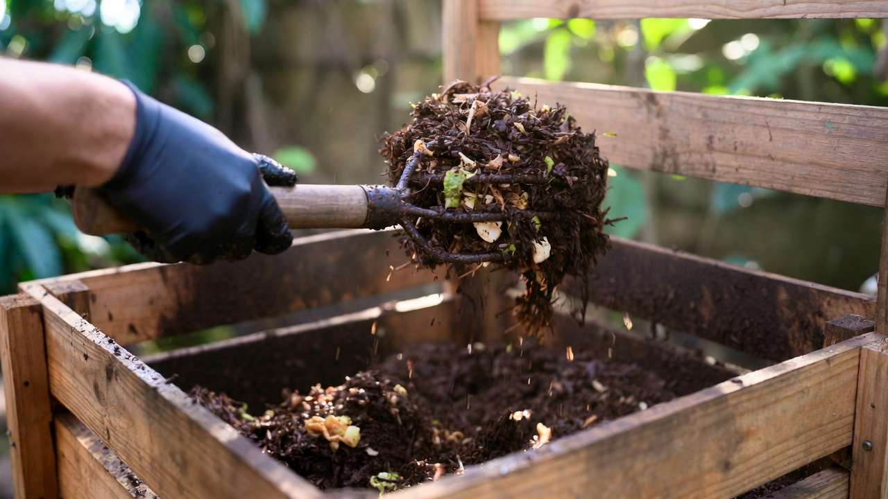 Close-up of proper compost turning technique with garden fork