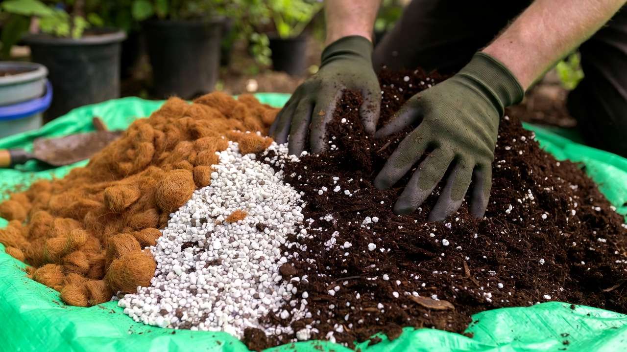 Gardener mixing homemade potting soil with coco coir, perlite, and compost on a tarp for container gardens