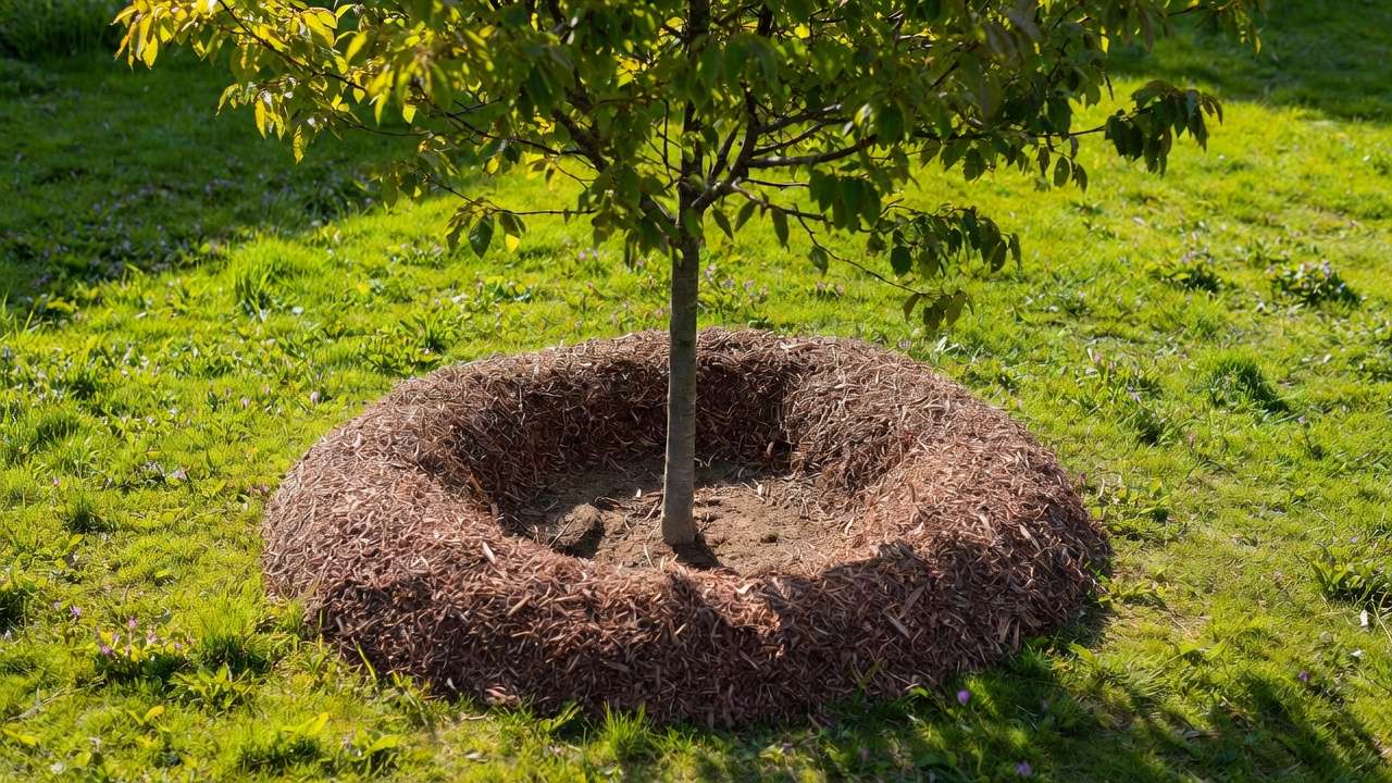 Proper donut-shaped mulch application around tree base showing exposed root flare and correct depth for seasonal tree health.