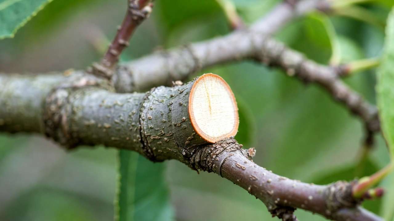 Close-up of correct branch collar pruning cut on fruit tree