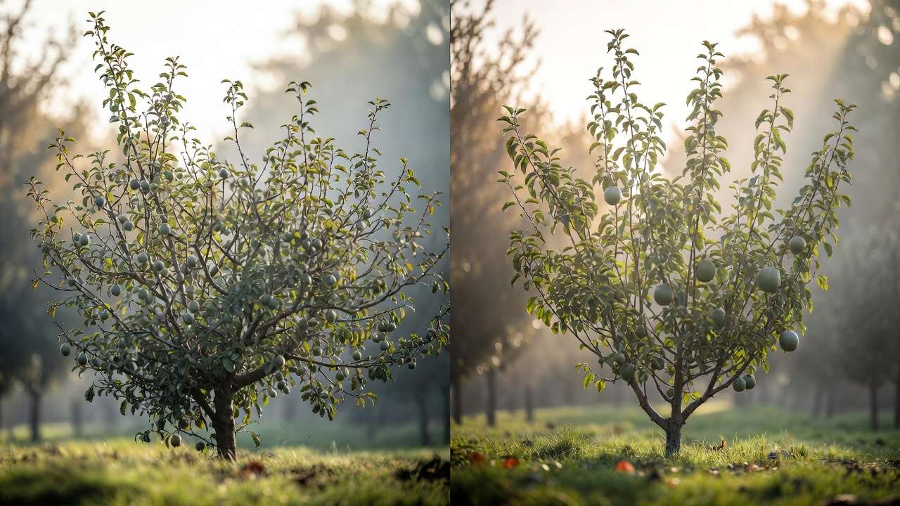 Before and after proper pruning comparison of fruit tree showing improved structure and light penetration
