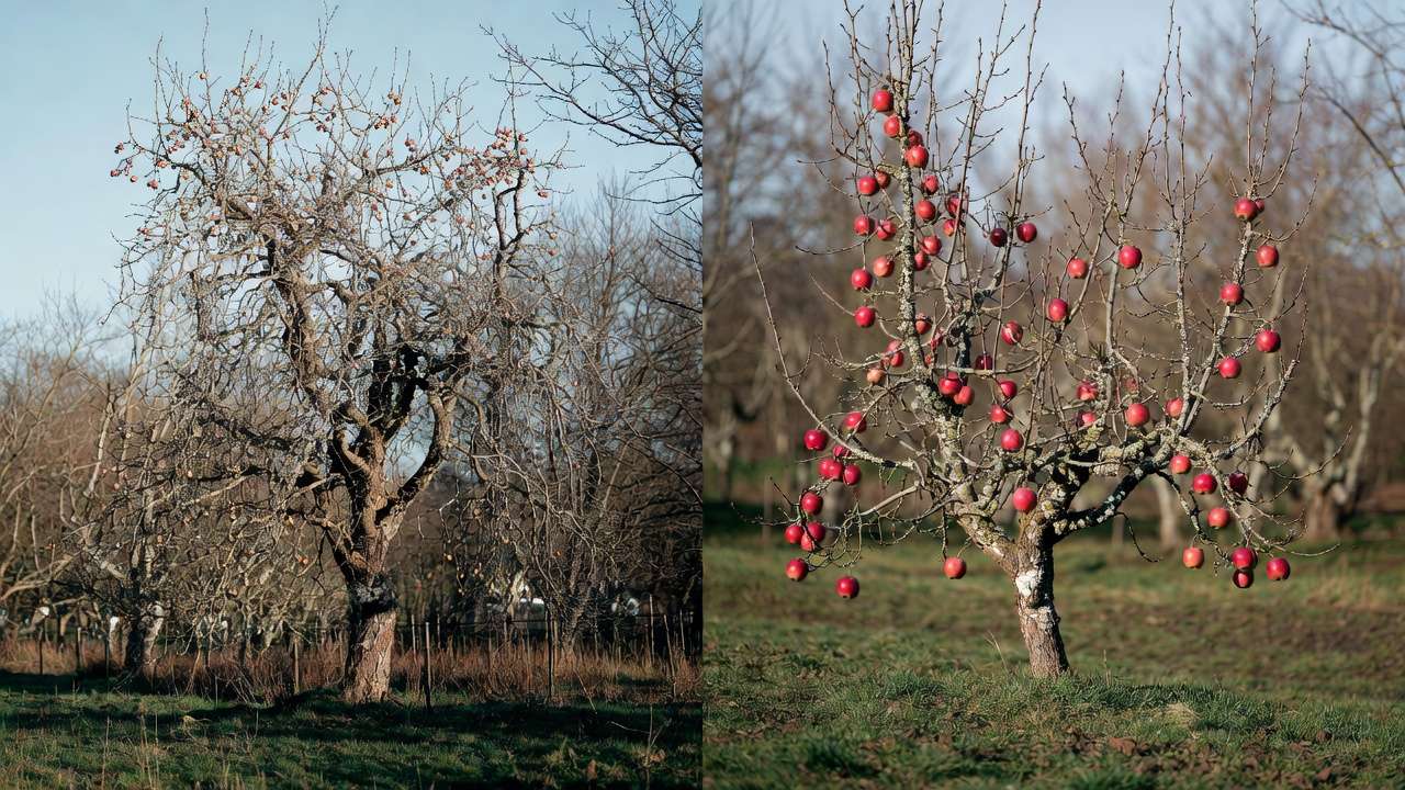 Before and after rejuvenation pruning of an old apple tree showing improved structure and fruit quality