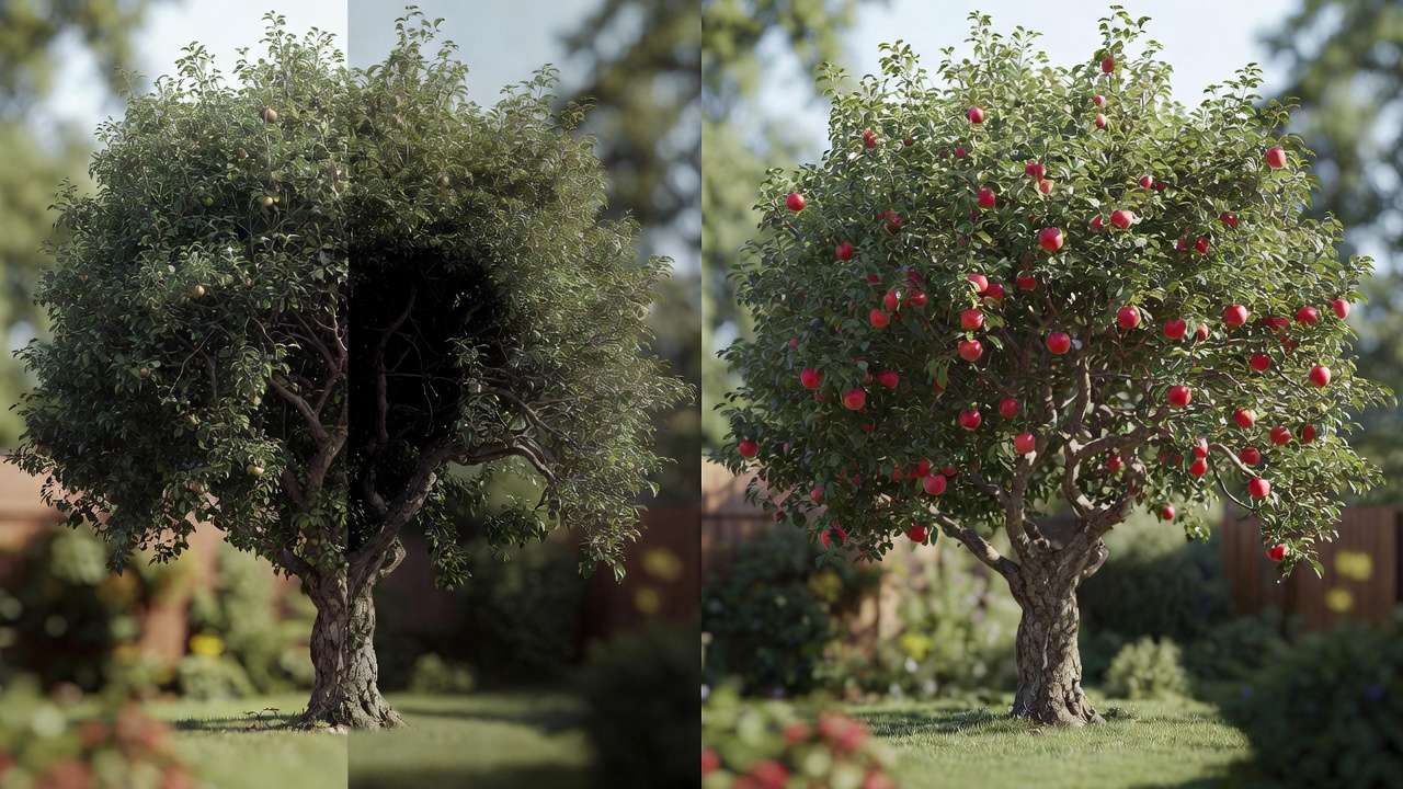Before and after renovation of a neglected apple tree showing overgrown vs pruned productive form