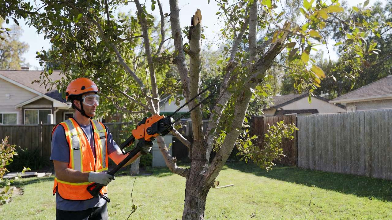 Homeowner safely using pole saw to prune storm-damaged tree branches, wearing protective gear in backyard