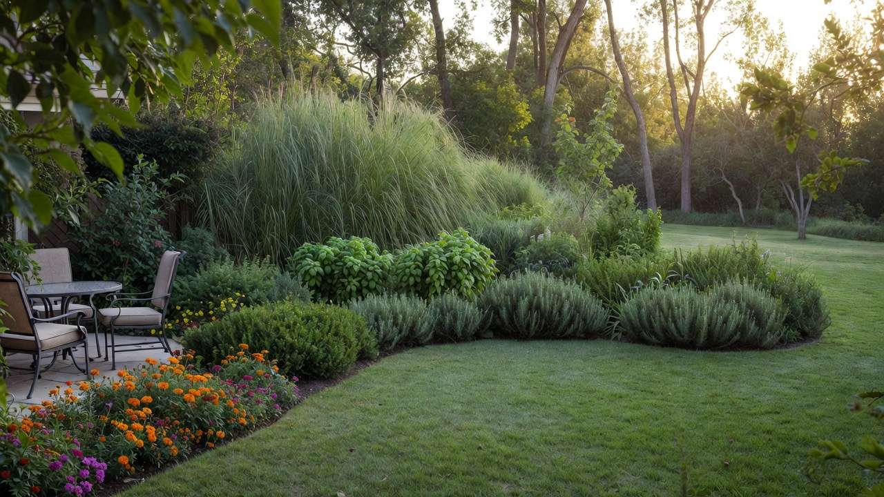 Layered mosquito-repellent plant garden design with citronella, basil, rosemary and marigolds around patio