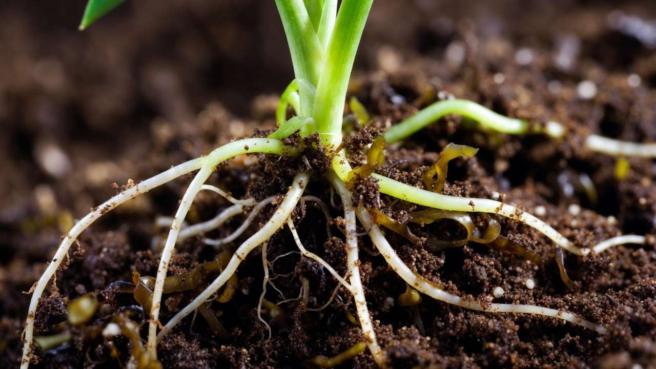 Macro view of strong healthy plant roots benefiting from seaweed fertilizer in potting soil