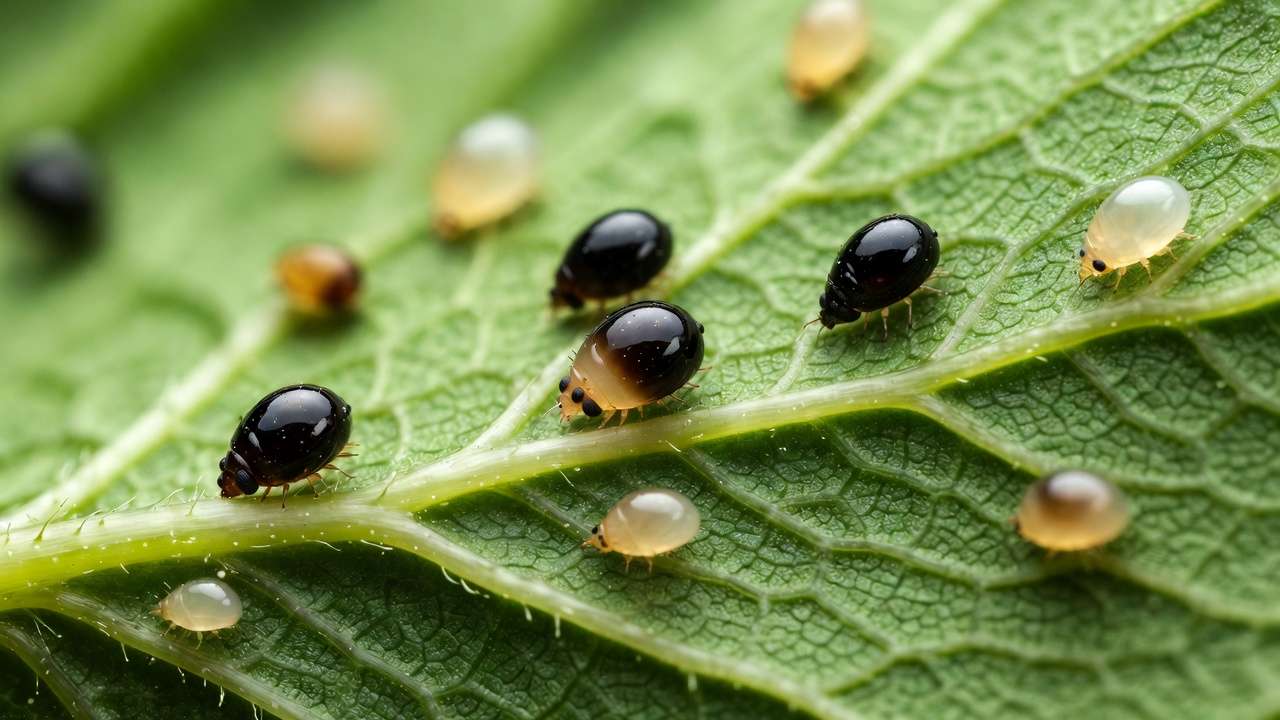 Blackened parasitized moth eggs by Trichogramma wasps on leaf, sign of effective parasitic wasps for caterpillar control.