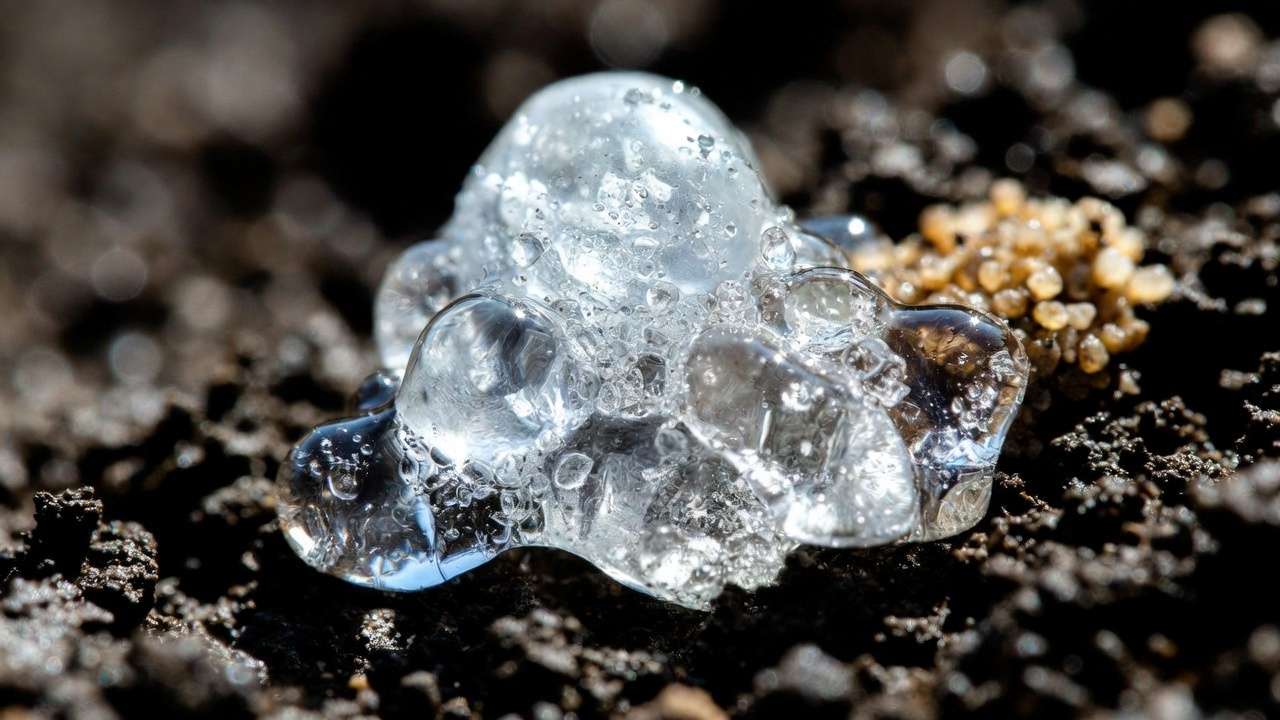 Swollen hydrogel crystals in soil showing superabsorbent water retention for plants and trees.