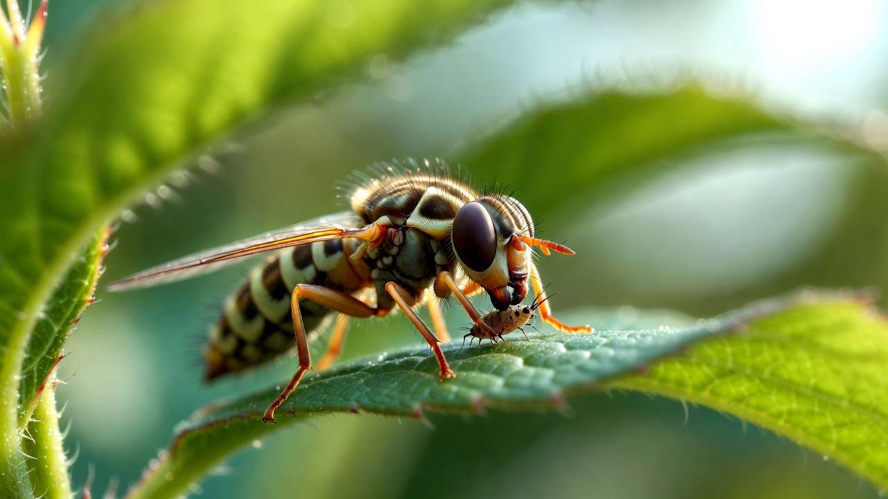 Hoverfly larva consuming aphids as natural biological pest control in the garden.
