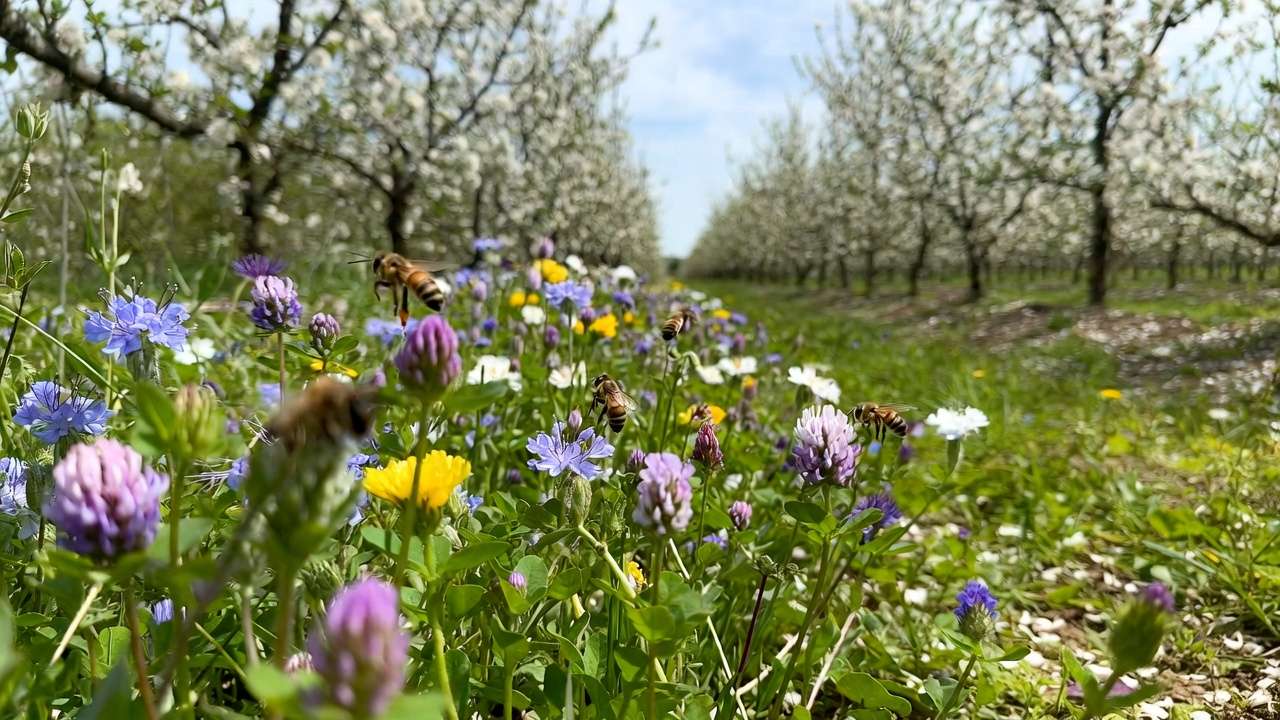 Wildflower border strip attracting bees to support orchard tree pollination